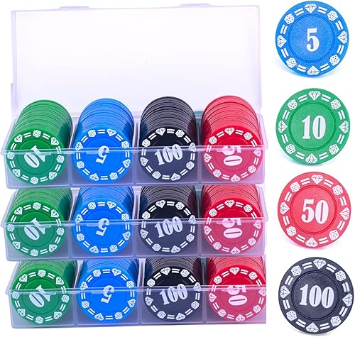 Wrzbest Juego de fichas de póquer de plástico de 300 fichas de póquer con caja de almacenamiento fichas de estilo casino impresas de denominación