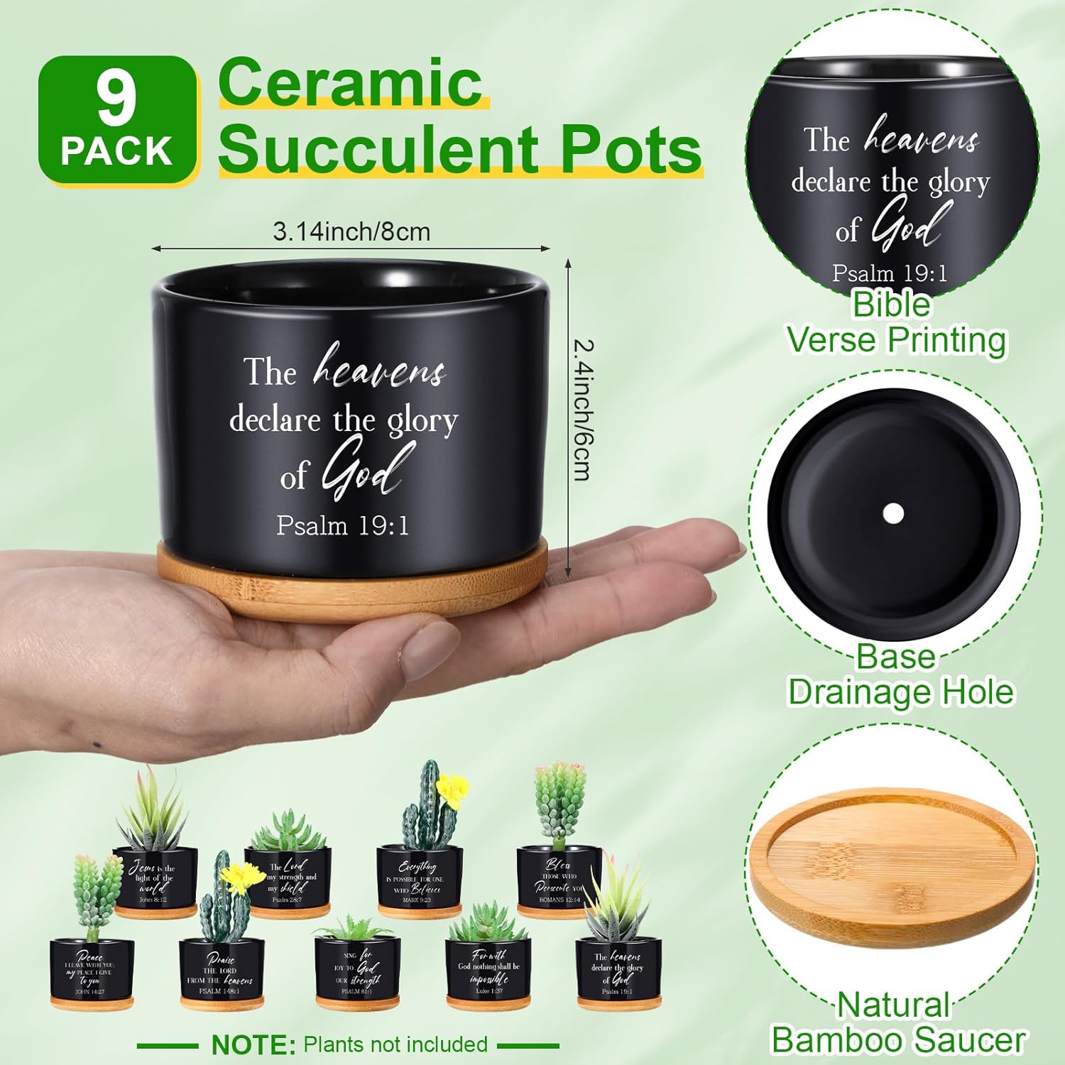 9 Pcs Inspirational Bible Verse Gifts Black Ceramic Succulent Pots with Bamboo Saucers Christian Decor Perfect Religious Gift for Home Office for Mother's Day Graduation Teachers Nurses