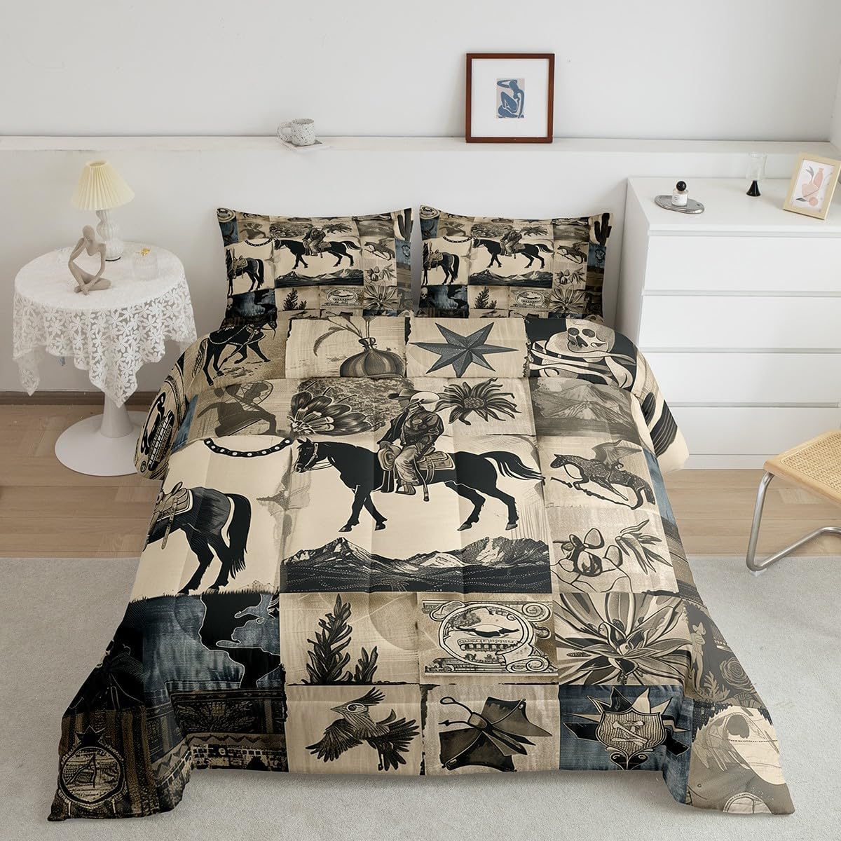 Feelyou Western Cowboy Comforter Set Full Size for Boys Men Teens Retro Farmhouse Bedding Set American Wild West Desert Patchwork Down Comforter Country Theme Bedroom Decor Duvet Set