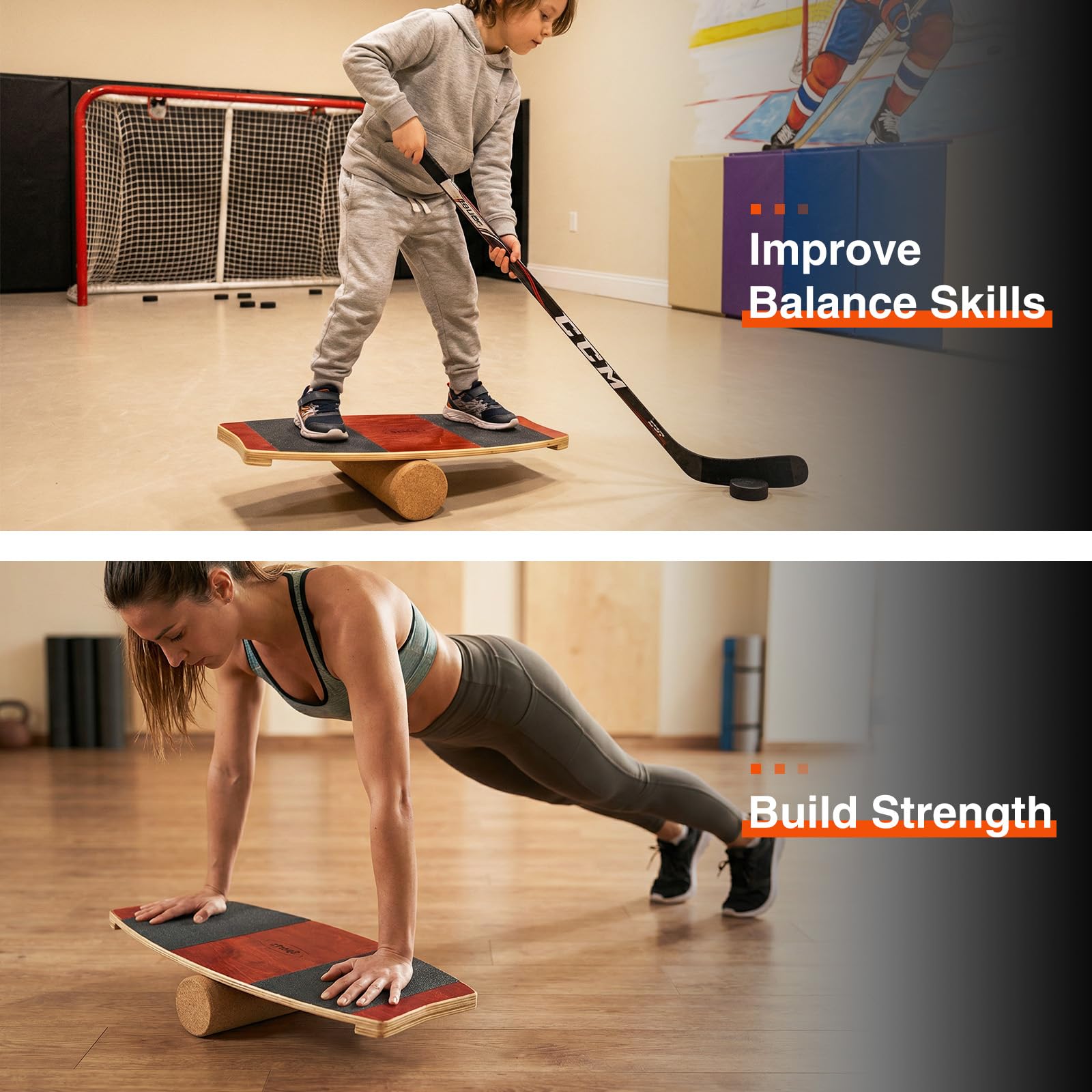 FANTASK Balance Board aus Birkenholz, 15 mm Surf Balanceboard mit 10 cm Korkrolle, Balance Trainer für Kinder & Erwachsene, Surfboard indoor für Surfen, Skifahren, Snowboarden, Skateboardtraining