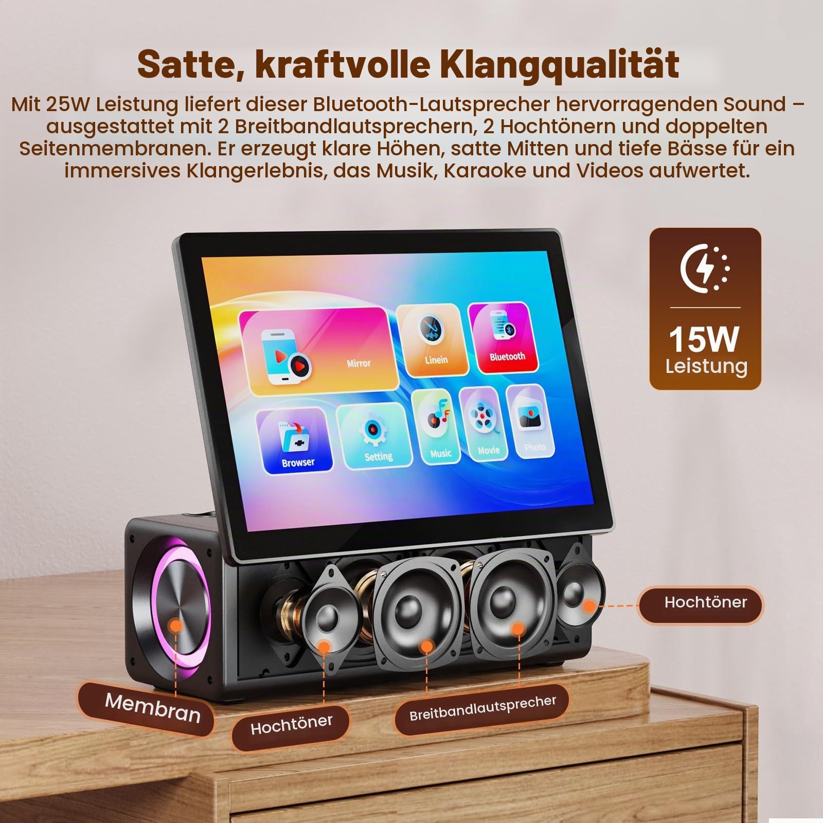 Tragbare Karaoke-Maschine mit 14,1-Zoll-HD-Drehbildschirm, kabelloser Bildschirmspiegelung für Android und iOS, Bluetooth-Party-Lautsprecher mit Liedtextanzeige und Beleuchtung, 2 Mikrofone