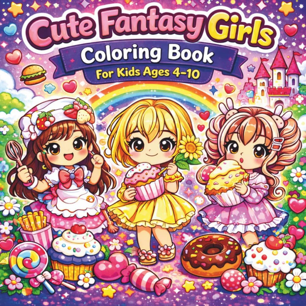 Cute Fantasy Girls Coloring Book For Kids Ages 4–10: adorable kawaii princesses, sweet treats, flowers and magical girls, fun coloring pages for girls, preschoolers and young artists