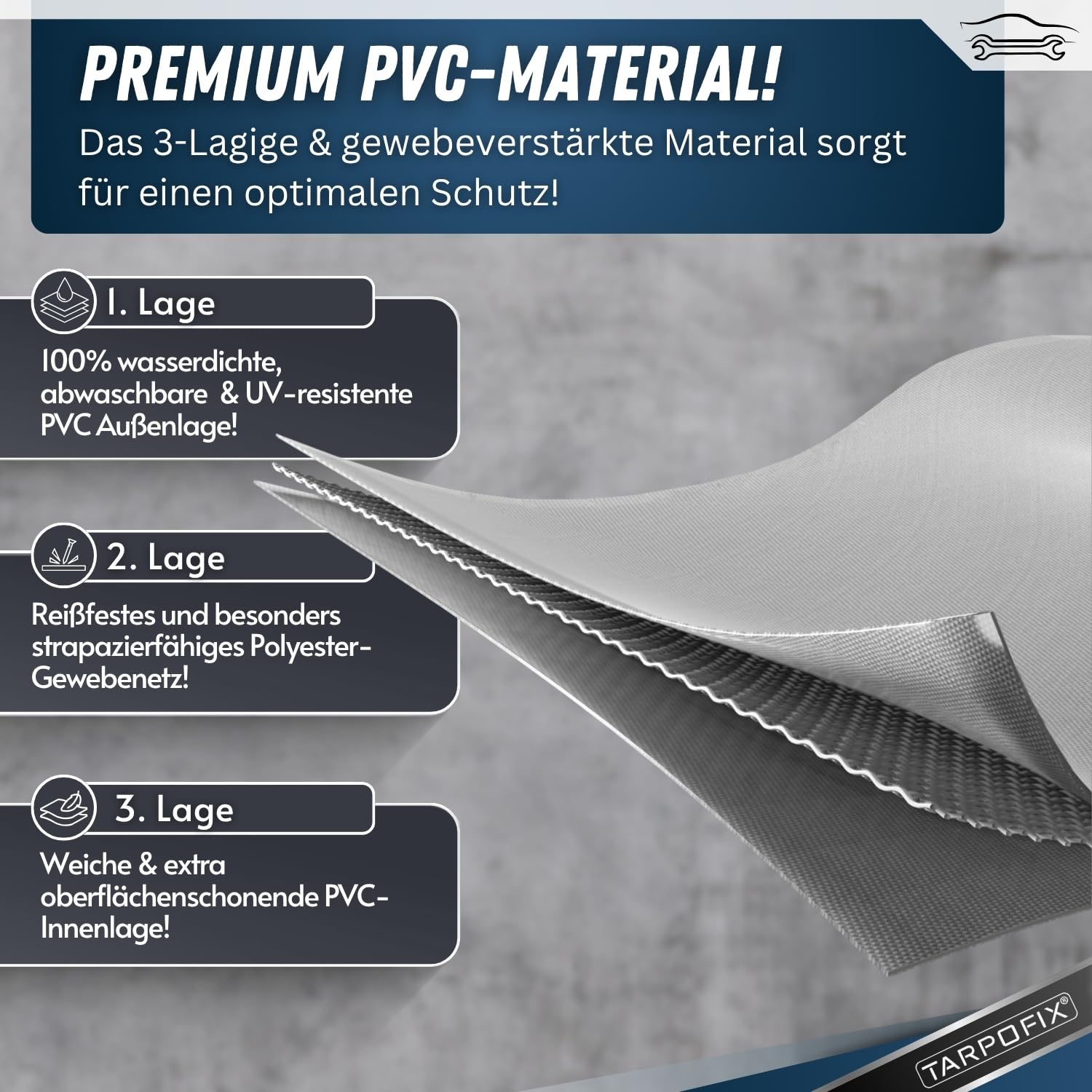 Tarpofix® Anhänger Plane 217 x 117 cm mit Planenseil | Flachplane aus PVC Planenmaterial | Verstärkte Unsinn Plane für 750kg PKW Hänger | Abdeckung | Grau