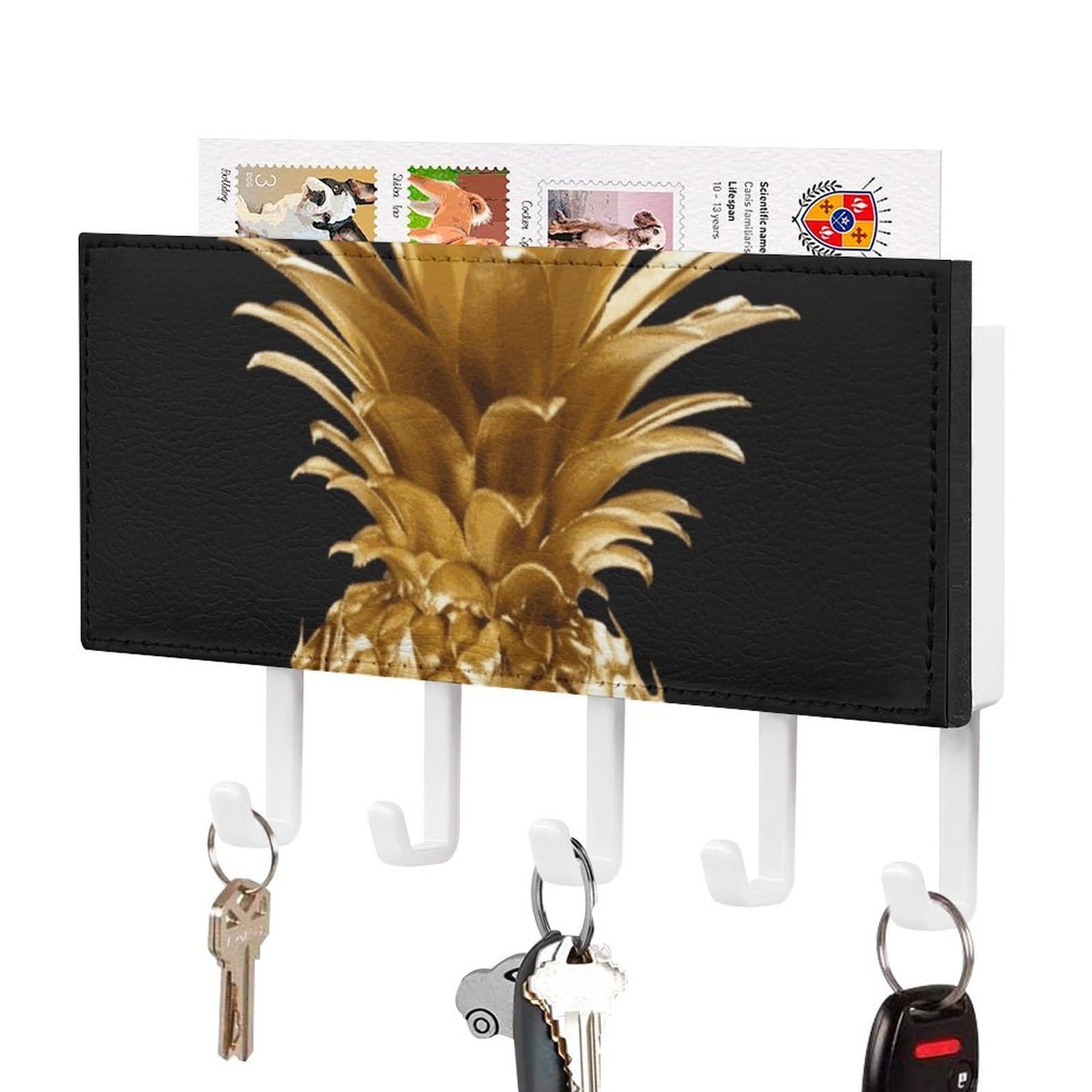 JTREHY Gold Pineapple Holder Wall-Mounted Key and Mail Holder,Key Rack with 5Keys Hooks, Easy to Install Mail Organizer for Entryway, Front Door, Hallway, Office