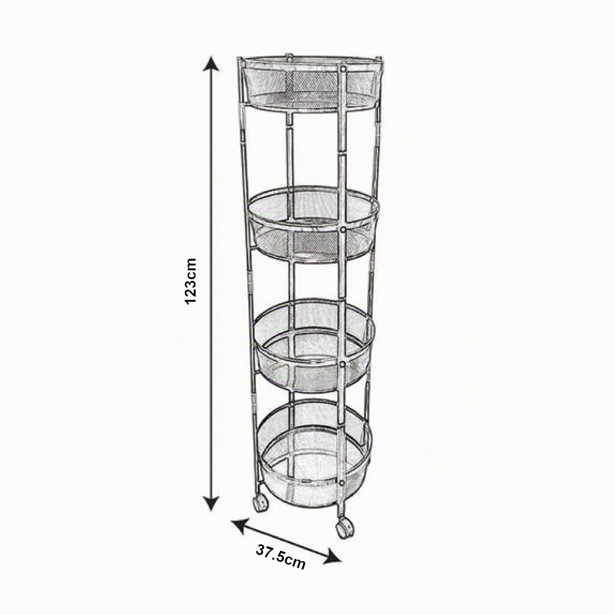 [en.casa] Carrito de Cocina Baño Oficina con 4 Cestas Redondas Plegable Verdulero Carro de Servicio con 4 Ruedas 2 con Freno Paredes Perforadas Acero 123xØ38cm - Blanco