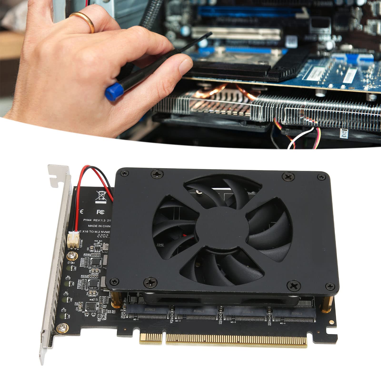 Adapter M.2 PCIE, PCIe 4.0 X16 na 4 Porty M.2 NVMe SSD z Wentylatorem Chłodzącym, WsparciePCIE RAID, 4x32Gbps, dla Dysków SSD 2230/2242/2260/2280mm