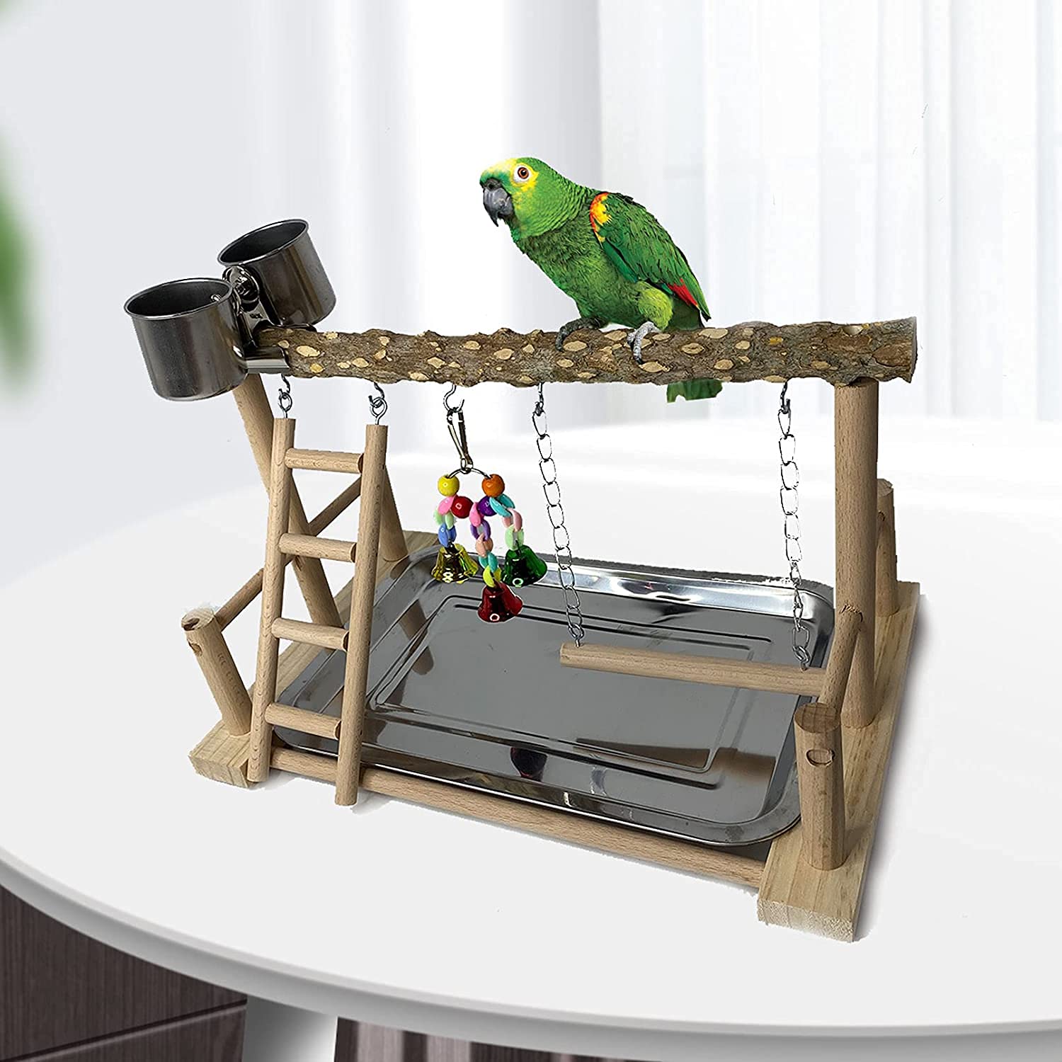 PINVNBY Bird Playground Birdcage Playstand Pet Bird Perch Platform Stand Parrot Play Gym Parakeet Cage Decor Budgie Perch Stand with Feeder Seed Cups Ladder Chew Toys for Small Animals Parrot Parakeet - image 7