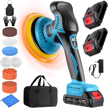 Car Buffer Polisher with 2x 2000mAh 21V Batteries 8 Variable Speed Car Polisher Cordless Car Polishing Machine with 17 Piece Polishing Kit for Car Detailing Scratch Removing Blue