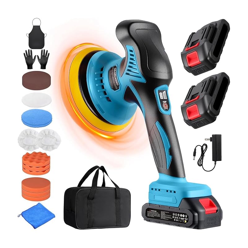 Politriz automotiva sem fio GEARLASSO 21 V com movimento excêntrico, 8 velocidades e acessórios, azul e preta