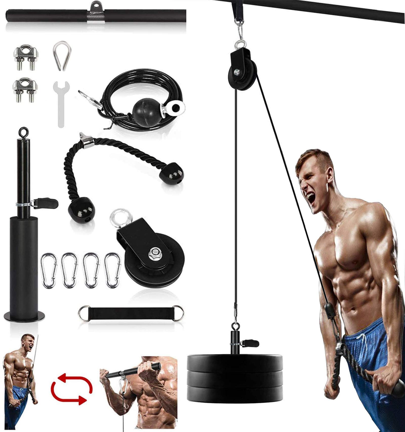 Weight Cable Pulley System Gym Upgraded Fitness LAT and Lift Pulley Attachments Tricep Workout Pulley System with Adjustable Length Cable for Home Gym LAT Pull Down Biceps Curl Tricep Arm Workouts