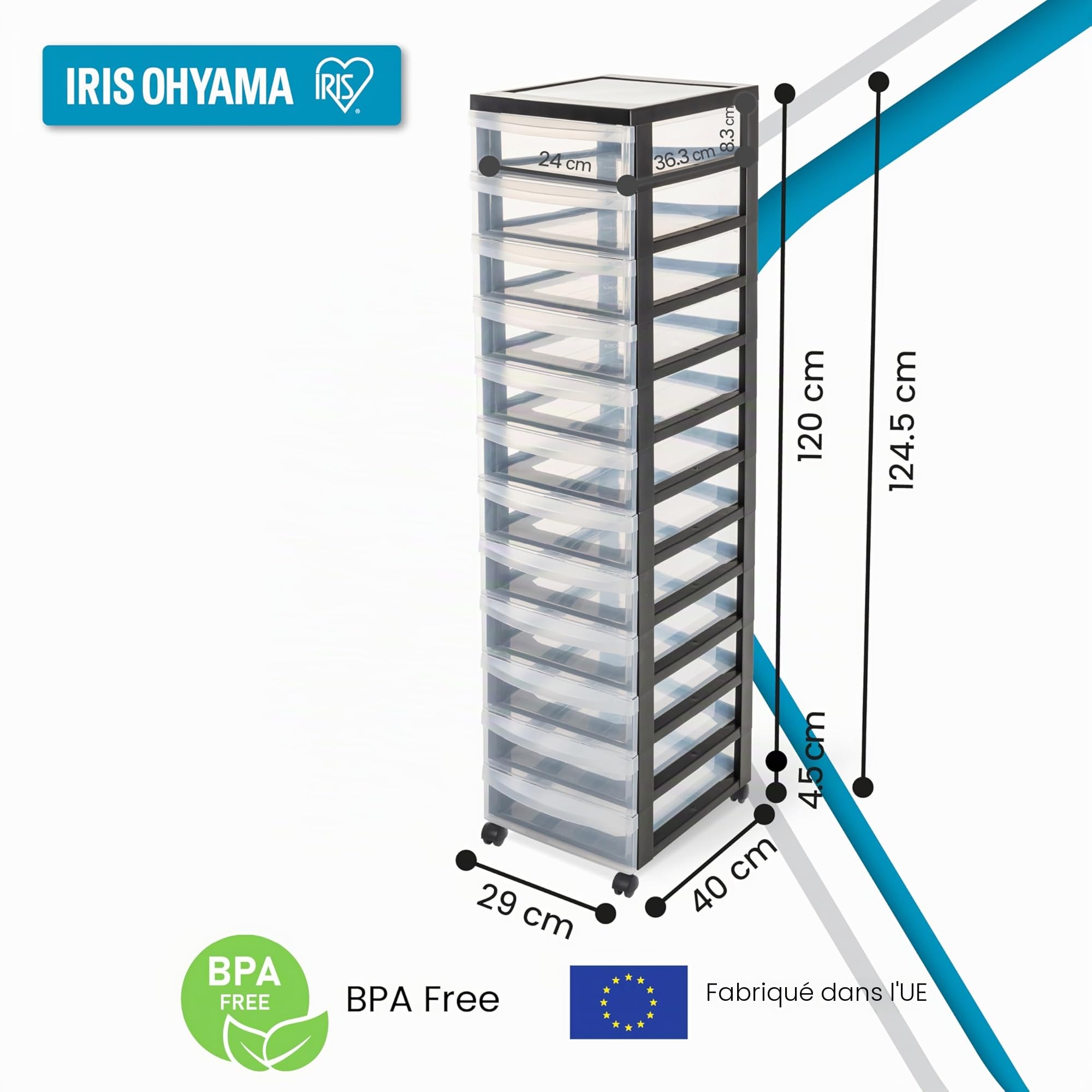 Iris Ohyama DC-012 Meuble de Rangement à Roulettes 12 Tiroirs Plastique Noir