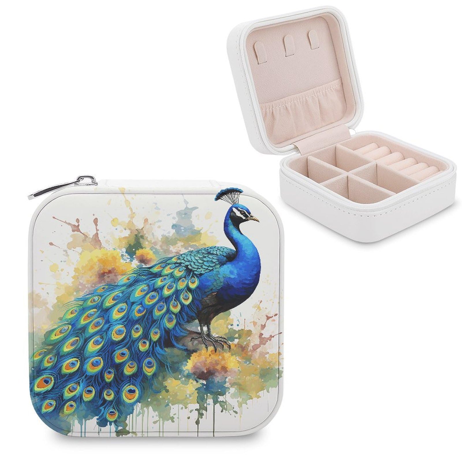 VstaDank Peacock Watercolor Painting Travel Jewelry Case Zipper Portable Small Jewelry Box Custom Pu Leather Mini Traveling Jewelry Organizer for Rings Earrings Necklace Bracelet Girls Women