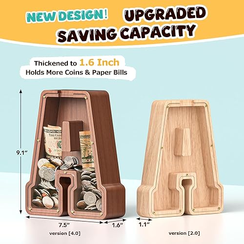 Miniatura 109 de SummiDate Alcancía de madera con nombre, niños y niñas, tamaño grande, letras alfabeto A-Z, monedas y billetes, inicial en cubierta transparente