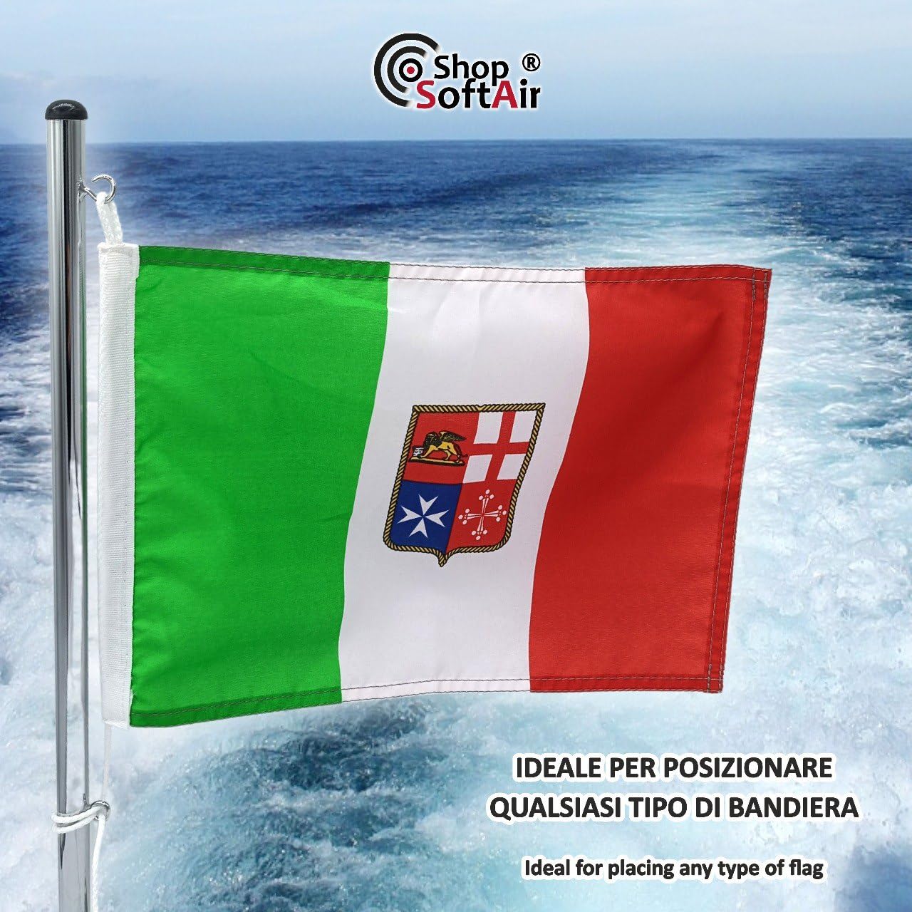 Mástil portabandista porta bandera de acero inoxidable 35 o 50 cm con soporte o para púlpito para embarcaciones barco yate bandera italiana incluida