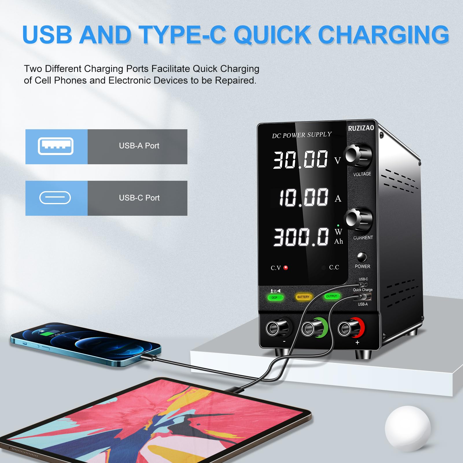 Fuente de Alimentación 30V 10A, 300W Regulada por Codificador 1V-24V Carga de Baterías Fuente de Alimentación con Interruptor de Salida/Detección Cargas/Botón OCP 18W Puerto USB de Carga