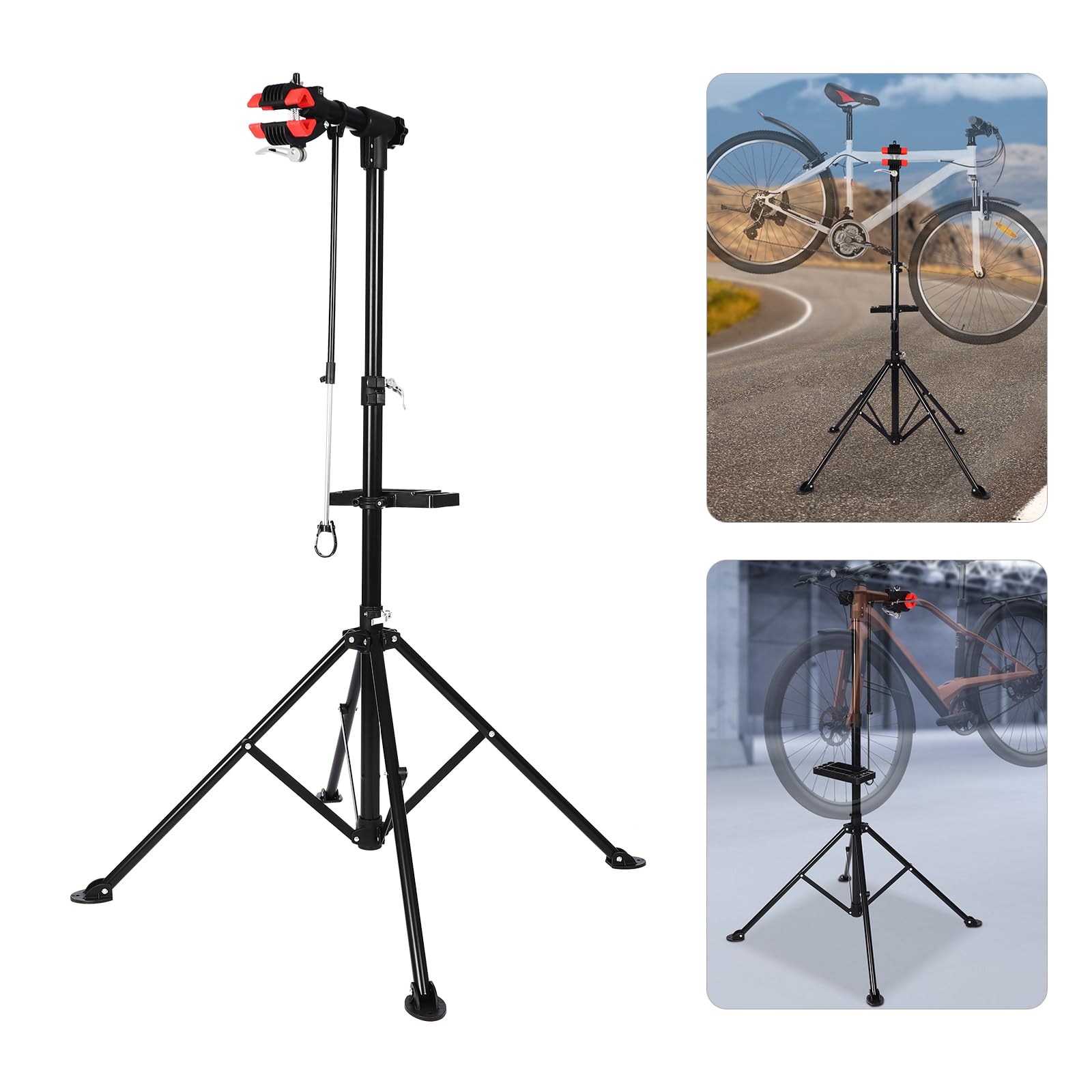 Supporto per montaggio per bicicletta, pieghevole, regolabile in altezza, set di riparazione con ripiano per attrezzi, asta di bilanciamento (nero + rosso)