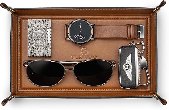 VLANDO Travel Valet Tray for Women, Foldable PU Leather, Light Brown