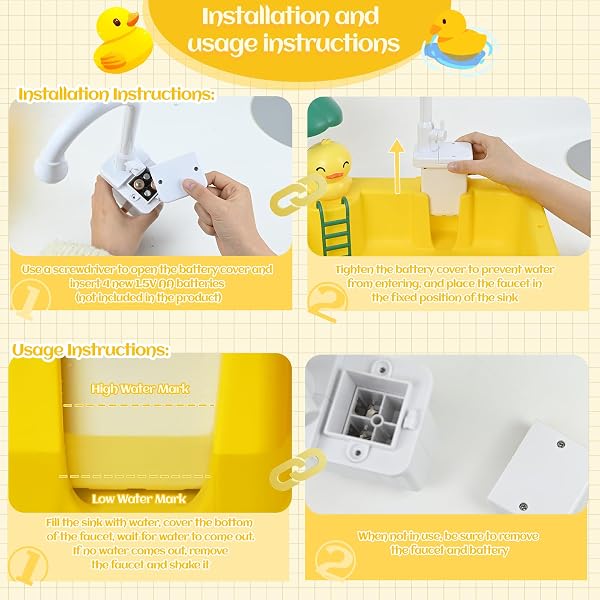 Ulikey Children's Sink, Toy Sink with Water, Fishing Toys, Automatic Water Circulation Systems, Toy Kitchen Accessories, Kitchen Sink for Children 3+ (Yellow) - 5