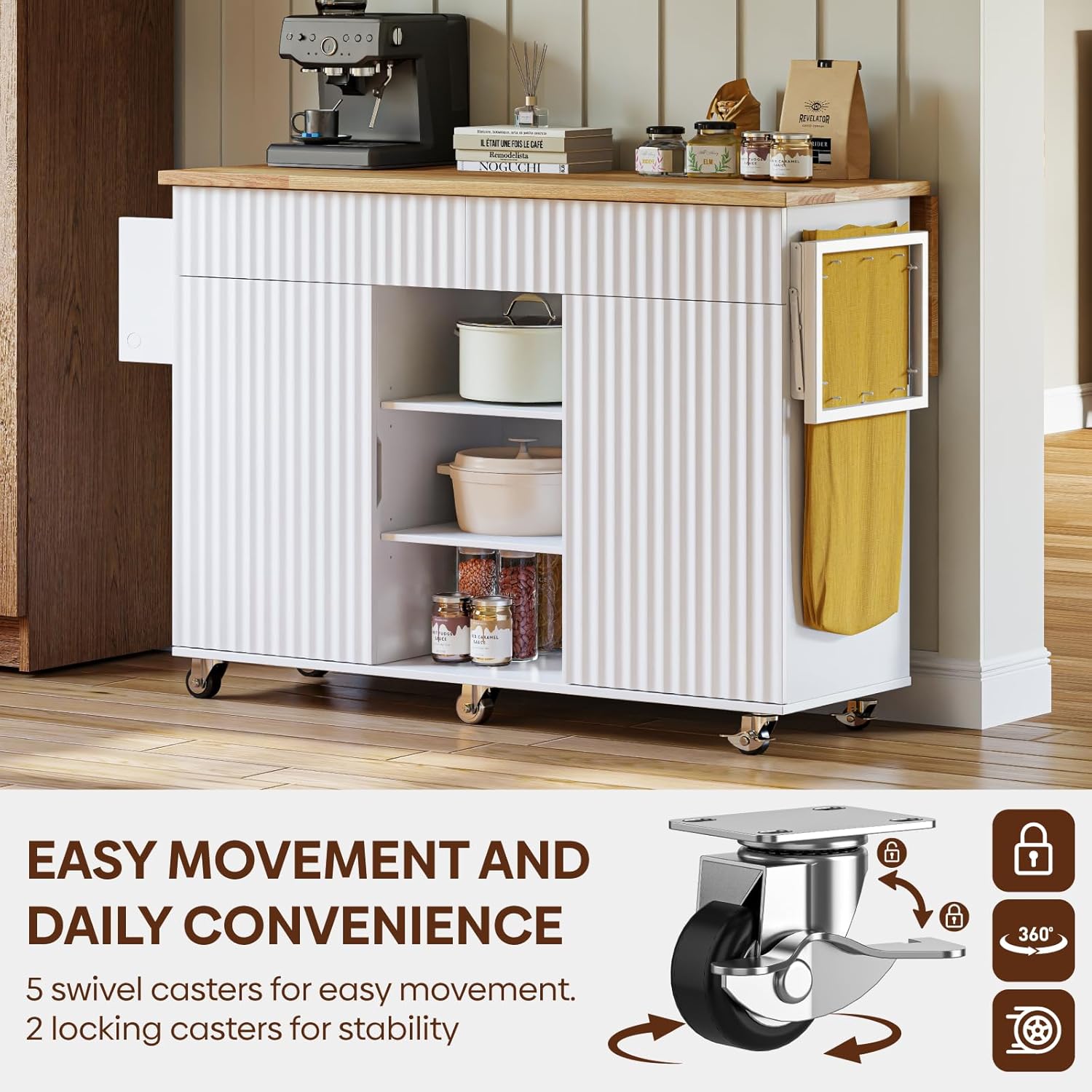 Kitchen Island with Storage, Rolling Kitchen Island on Wheel with Drop Leaf, Foldable Trash Bag, Spice Rack, Towel Bar, Storage Cabinet, Drawer, Kitchen Cart Island Table for Kitchen, White