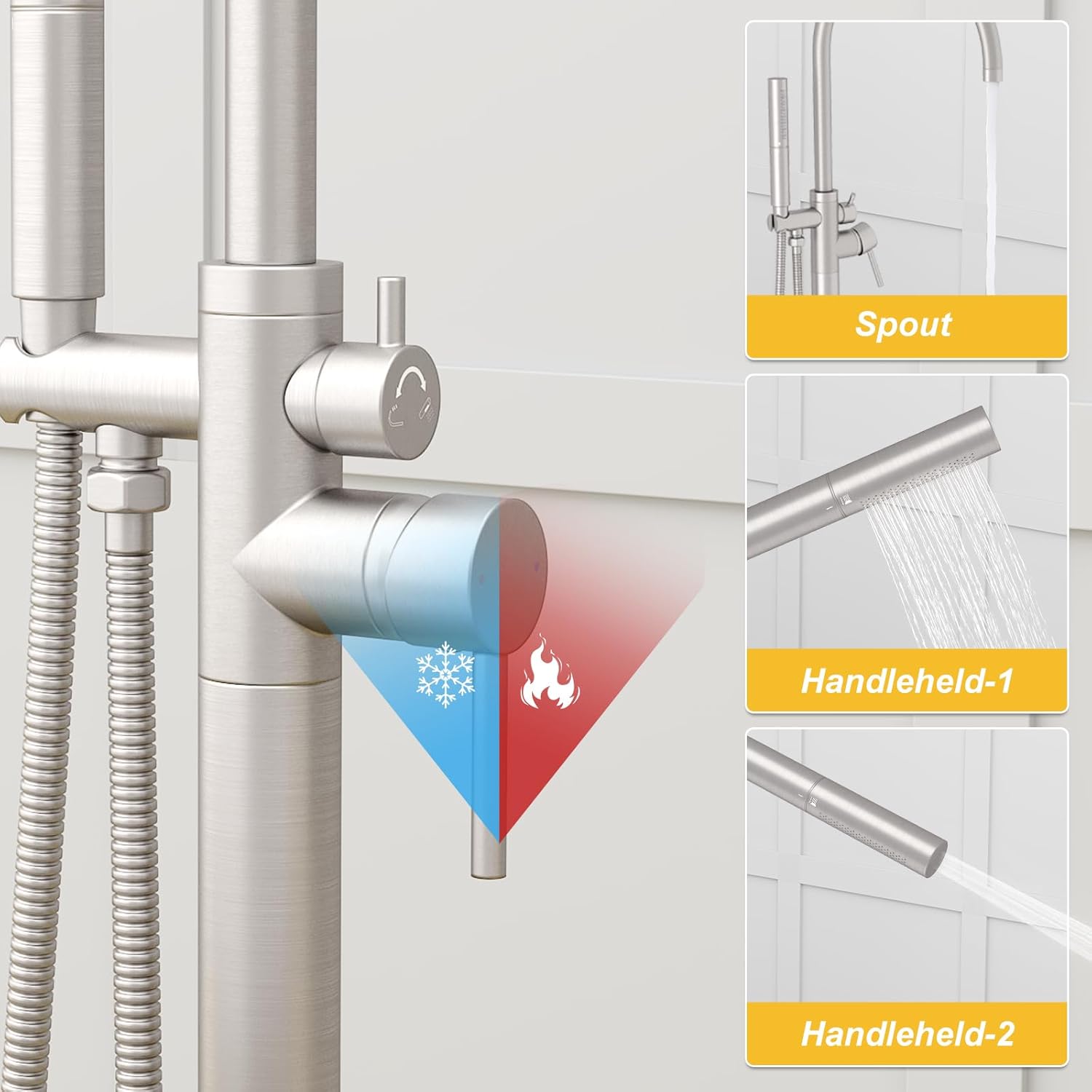 BESy Freestanding Bathtub Faucet Tub Filler Free Standing Floor Mount Stand Brass Bathroom Tub Faucets Sets with 2 Function Hand Sprayer Shower Wand Swivel Spout, Brushed Nickel Finish