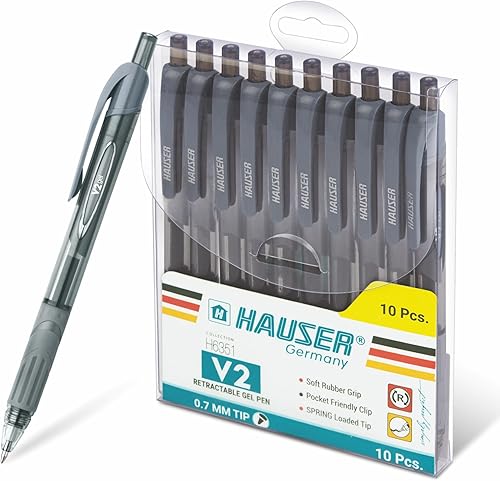 HAUSER V2 - Bolígrafo de gel, 0.028 in, tinta negra, paquete de 10 unidades, instrumento de escritura, suministros escolares