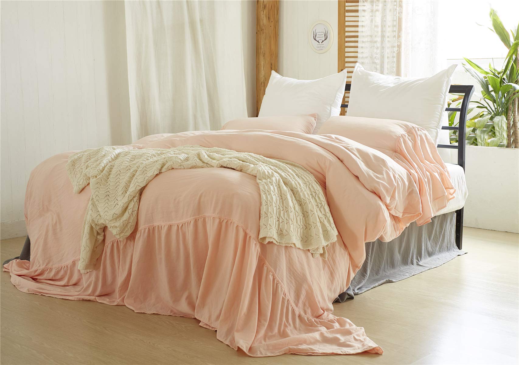 Buy Moowoo Vintage Farmhouse Bedding, 3 Pieces Ruffle Duvet Cover Set 100 Washed Cotton