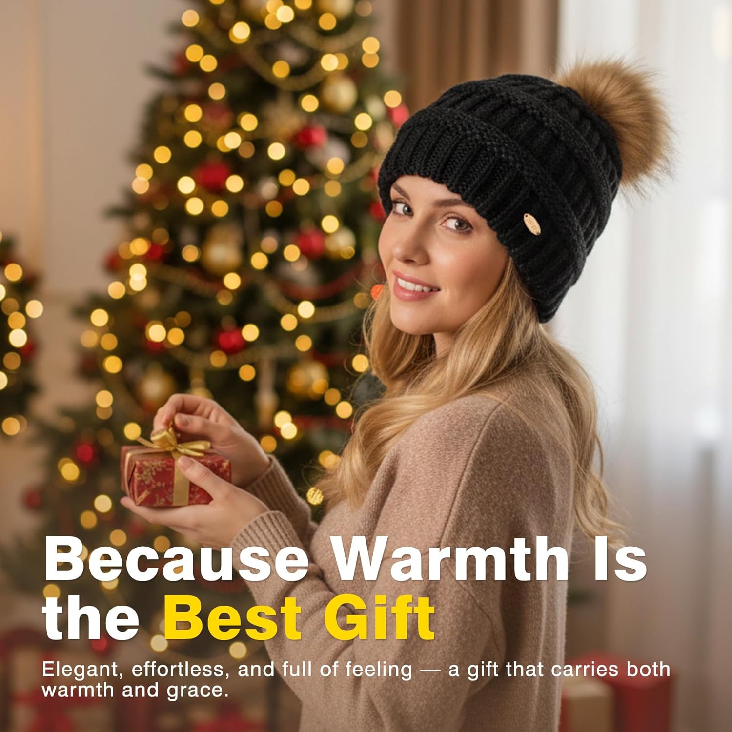 TOP-EX ChicPony™ Winter Hat for Women Fleece Lined 50% Merino Wool Beanie with Hidden Ponytail Hole & Detachable Faux Fur Pom