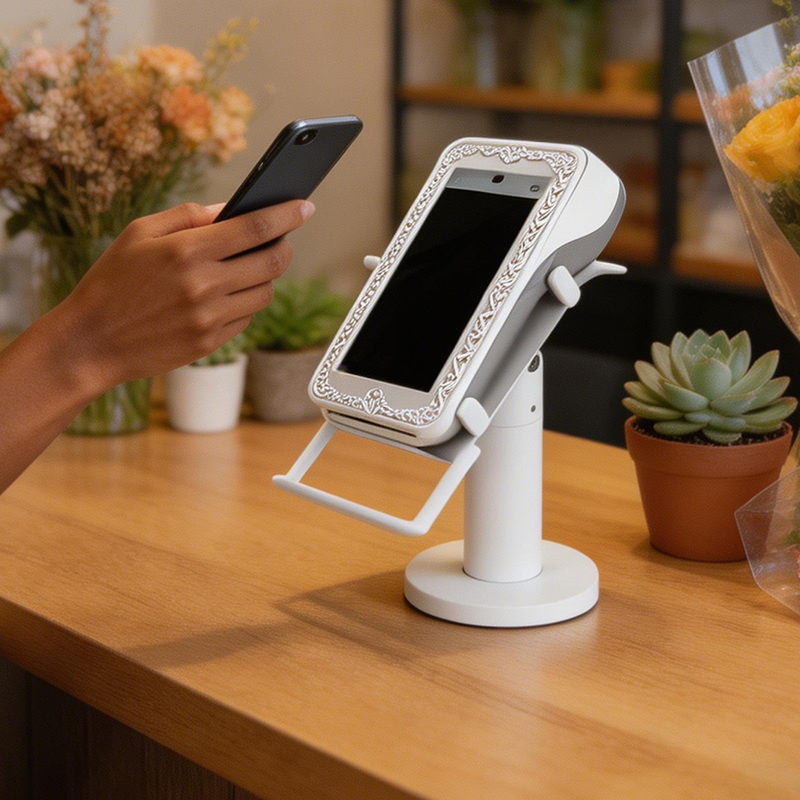 Soporte para Terminal POS | Abrazadera antivuelco con rotación de 360° | Montura TPV y Registradora,para Supermercado, Tienda, Almacén, Mostrador, Mesa Servicio, Barra de Bar, Feria Comercial