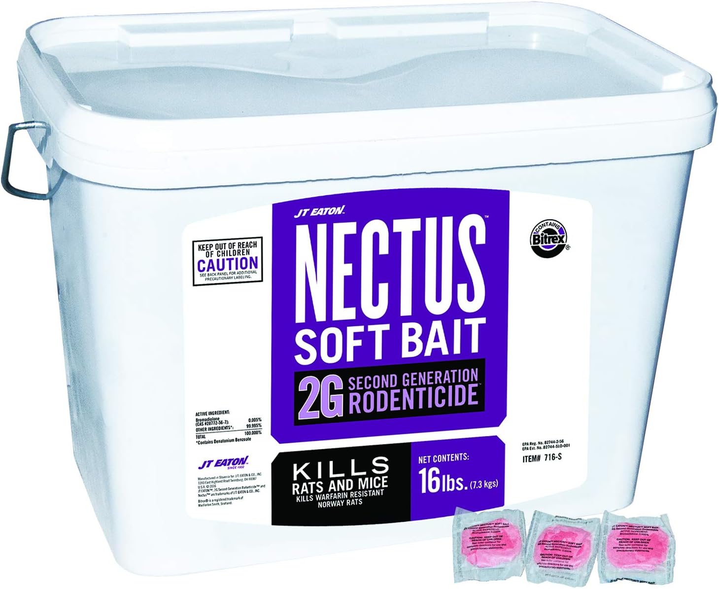 JT Eaton 716-S Nectus Soft Bait 2G Second Generation Rodenticide, Bait for Rats and Mice, 16-Pound Pail