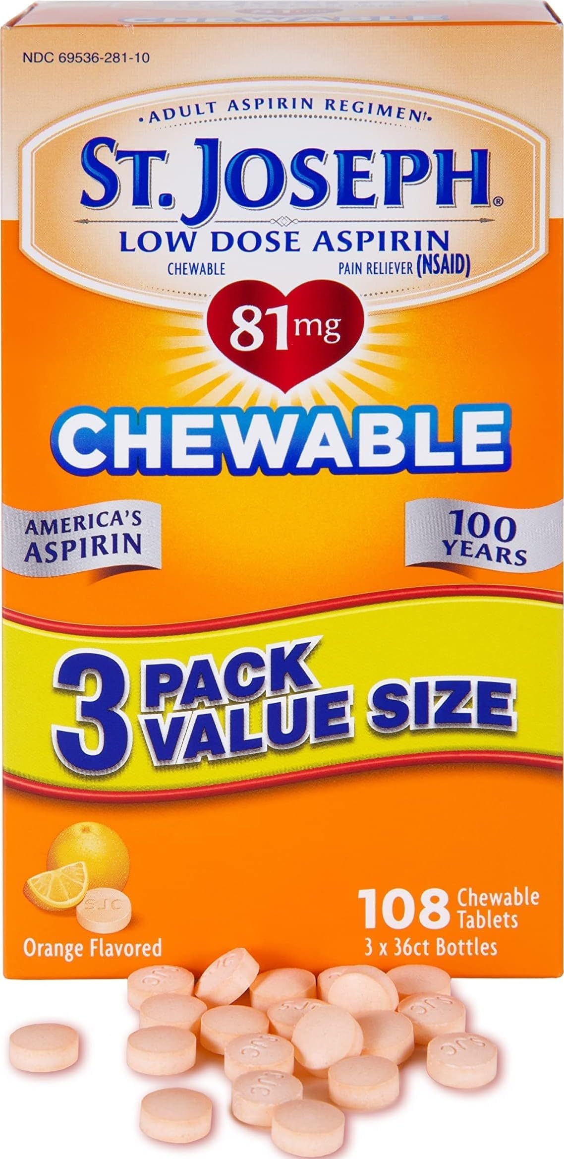 Aspirin Pain Reliever (NSAID) 81mg Chewable Orange Tablets Adult Low Dose Regimen 108 ct (3 x 36 ct Tablets per Bottle) | Value pack of 81mg pain reliever (NSAID) for adult low dose aspirin regimen, easy-to-chew tablets dissolve quickly, 3 bottles