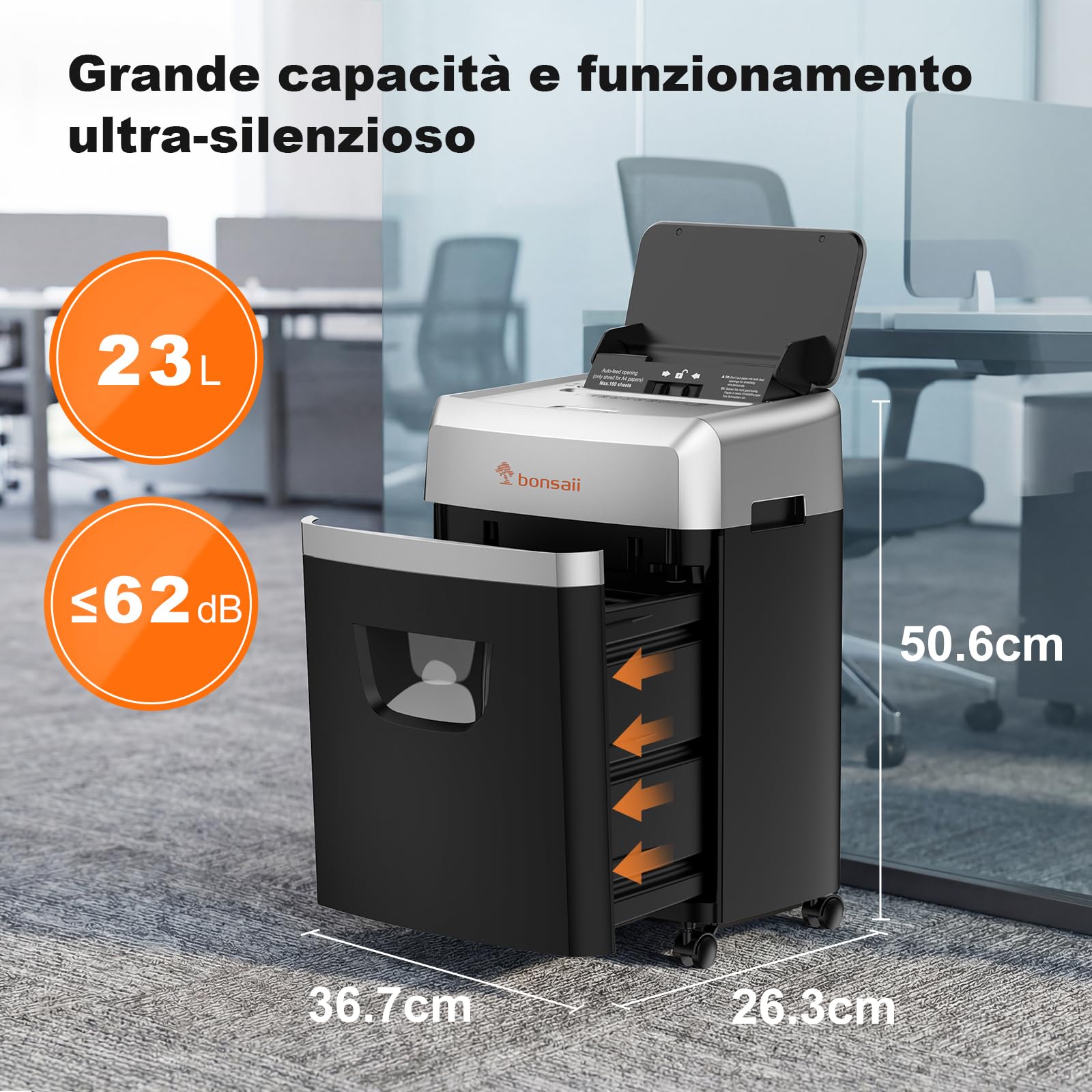 Bonsaii Distruggidocumenti con alimentazione automatica per 160 fogli, taglio a croce P-4, 60 minuti di funzionamento continuo, scatola di scarico da 23 litri, per uso ufficio C290-A