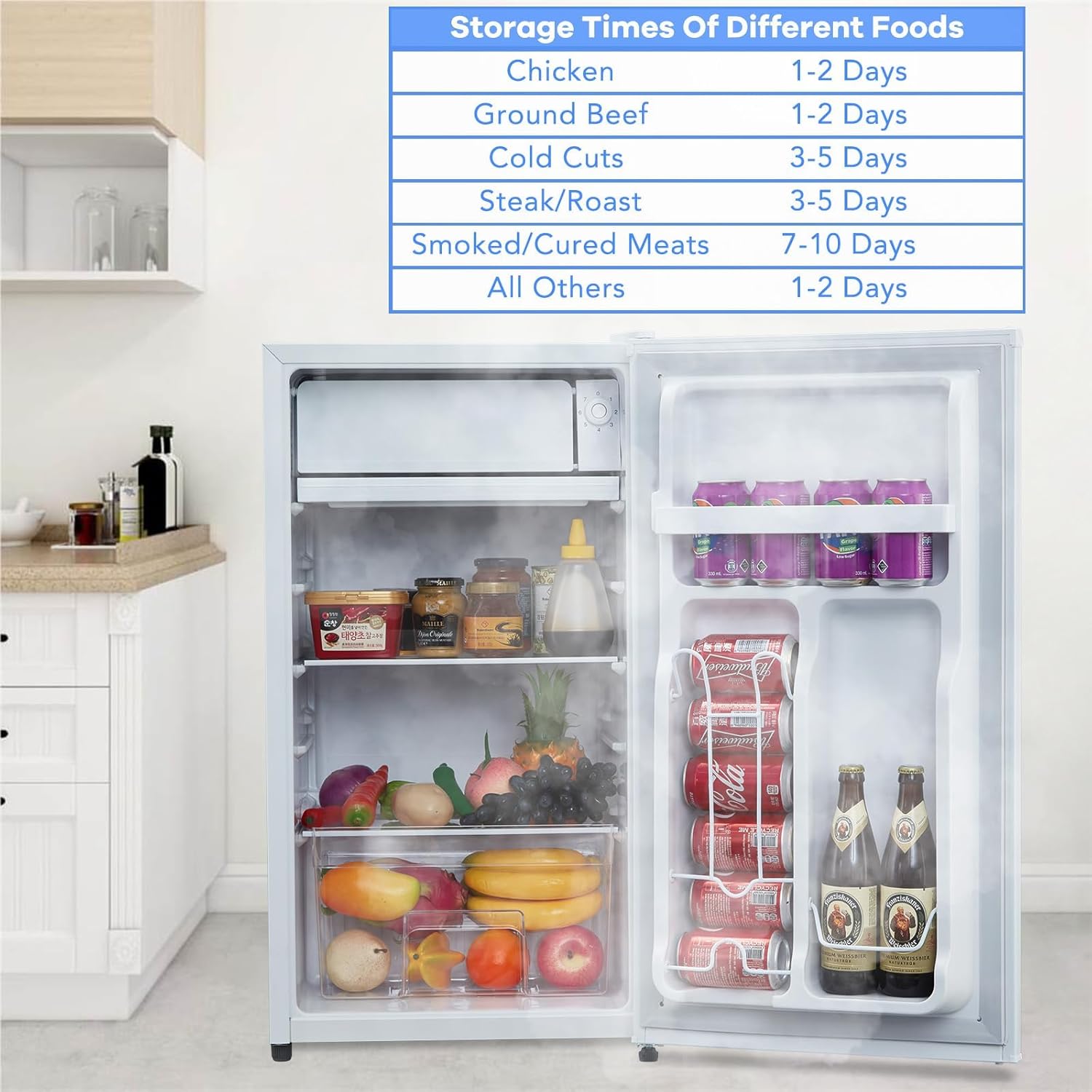 Mini Fridge With Freezer - 4.3 Cu.Ft, Adjustable Thermostat, Reversible Single Door, Ideal for Dorm, Office, Rv, Garage, Apartment, White