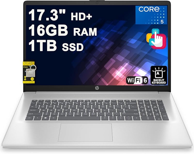 HP 17 Business Laptop 17.3" HD+ Anti-Glare Touchscreen Intel 10-core 5 120U 16GB RAM 1TB SSD Backlit Type-C Wi-Fi6 Long-Lasting Battery Win11 ICP Acc
