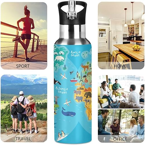Miniatura 6 de Animal World Map - Botella de agua para niños con tapa con pajilla, bonita botella de agua de acero inoxidable con aislamiento azul, para la