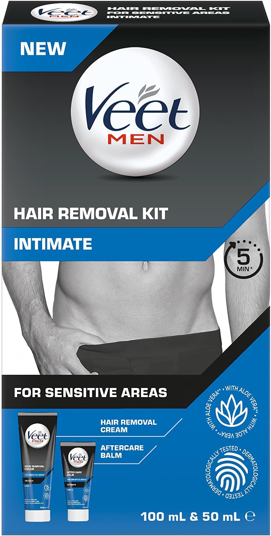 Men's Intimate Hair Removal Kit - 100 ml Cream, 50 ml After Shave Balm, Spatula - Genital & Pubic Remover for Smooth Skin