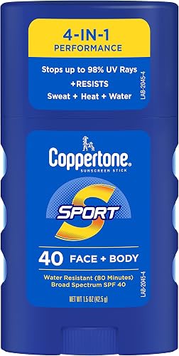 Coppertone Sport Sunscreen Stick SPF 40, Face and Body, Travel Size, 1.5 Oz