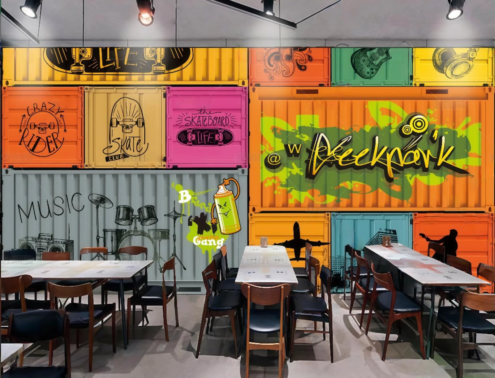 Rskjdghshd 3D Wallpaper Hand-Painted Personalized Container Graffiti Letter Painting Burger Shop Dessert House Bar Background Wall Western Restaurant Wallpaper Cafe Mural,,250X175cm
