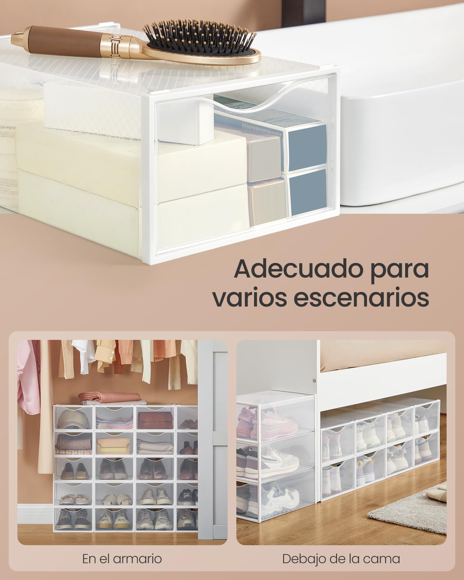 SONGMICS Cajas para Zapatos, Organizador de Zapatos de Plástico, con Puerta, Transparente, Juego de 12, Apilable, 33,2 x 23 x 14,5 cm, para Zapatos hasta 43, Transparente y Blanco Nube LSP312W01
