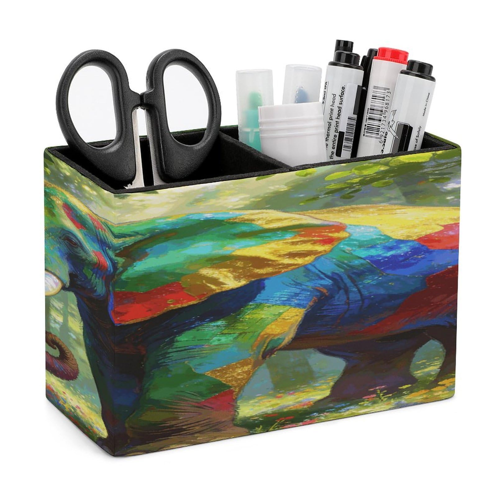 LZQPOEAS Colorful Forest Elephant Pen Holder Double Compartments Pen Cup Makeup Brush Holders Leather Pencil Holder Locker Organizer for Work Locker Accessories Modern Pencil Cup for Desk