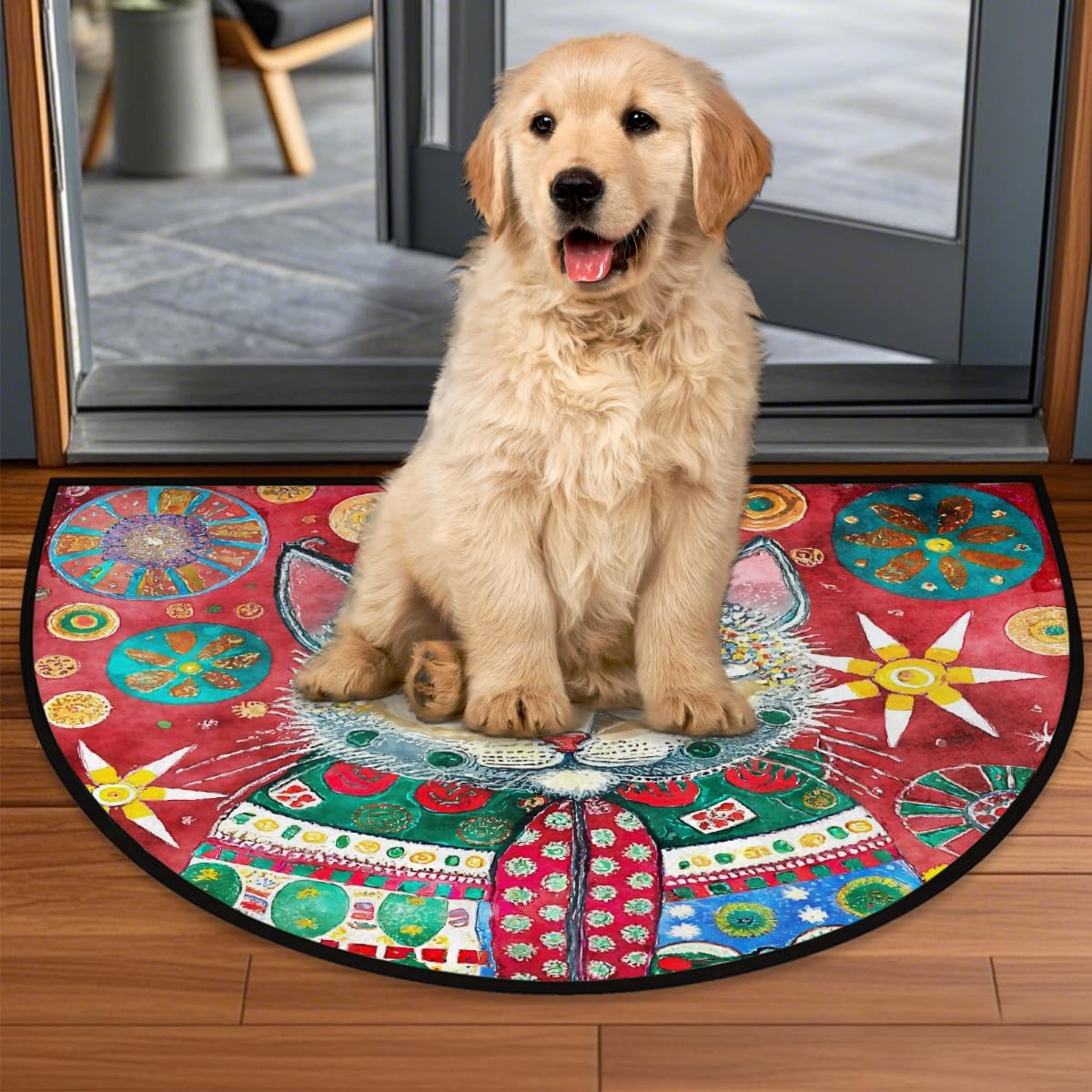 Half Round Door Mat Cartoon Cat Christmas Non-Slip Soft Semi Circle Rug Washable Half Moon Welcome Entrance Doormat for Outdoor Indoor Floor Bedroom Bathroom Home Kitchen Festival Decor Gift