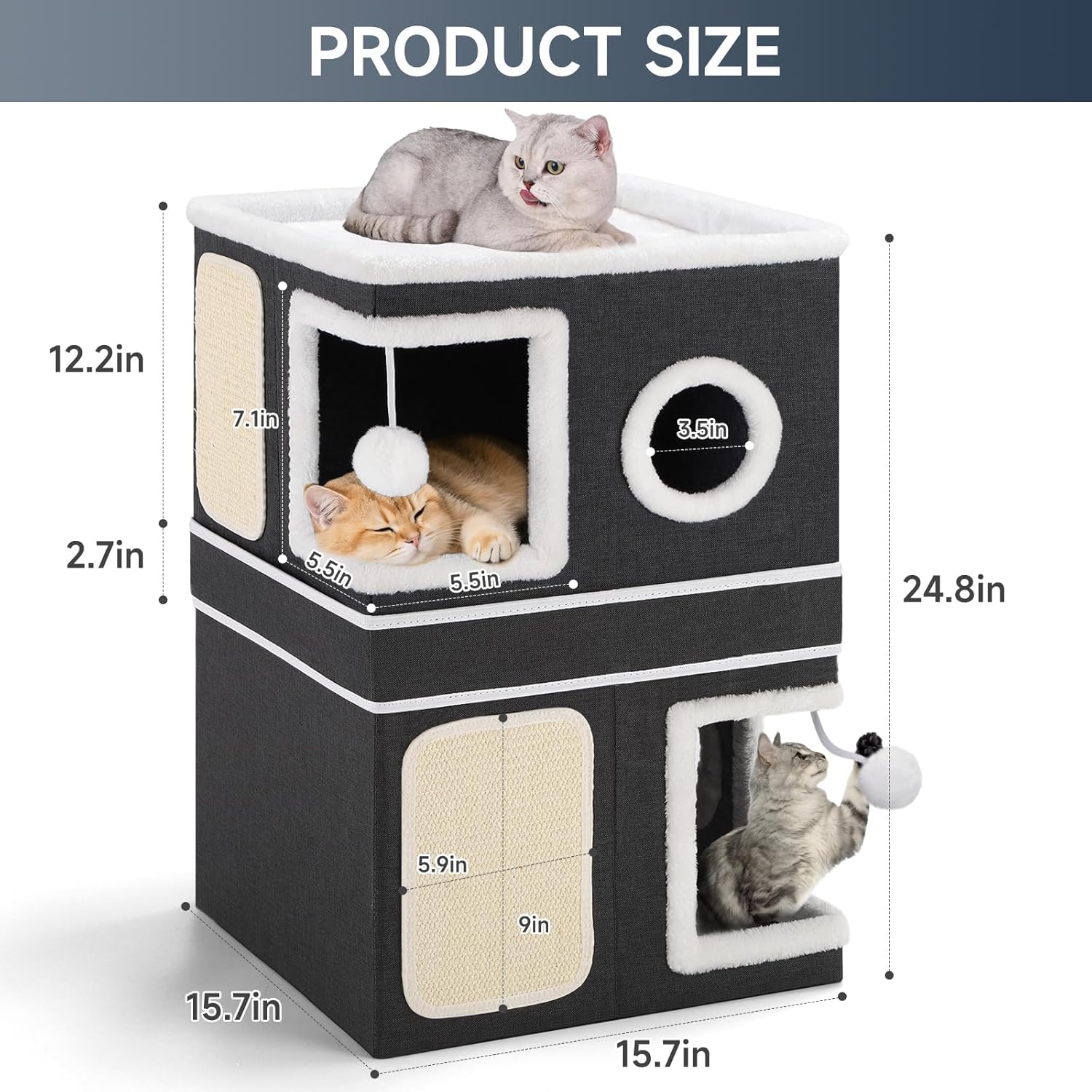 2-Storey Cat House for Indoor Cats, Separate Into 2 Large Cat Bed Cave with Hideaway Condos, Scratch Pads, Hanging Balls, Foldable Indoor Cat House, Cat Cube for Multiple Cats Kitten, Black
