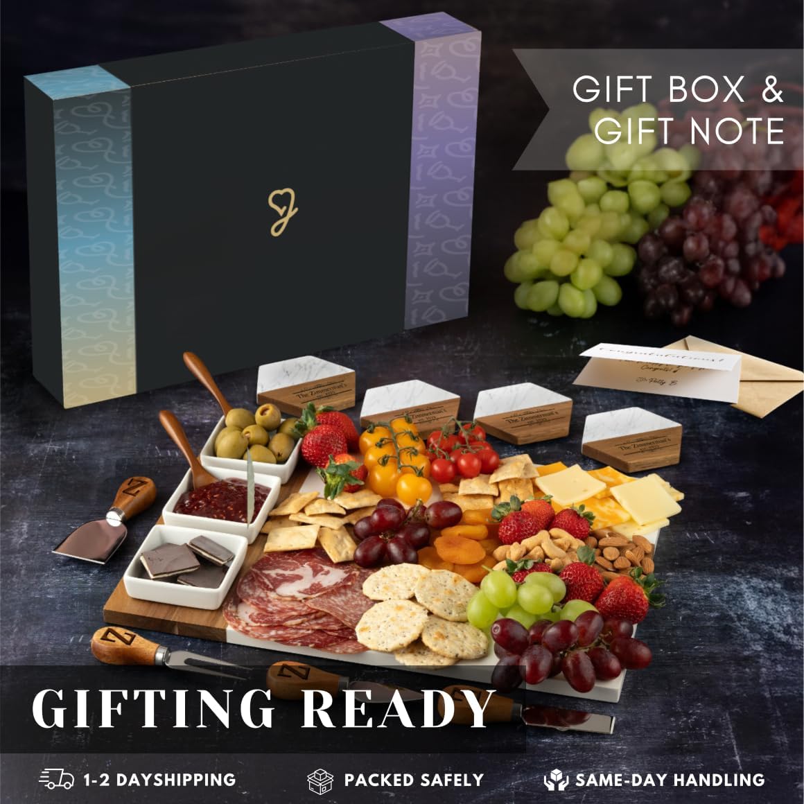 Personalized Charcuterie Board Set, Custom Engraved Marble Cheese Board