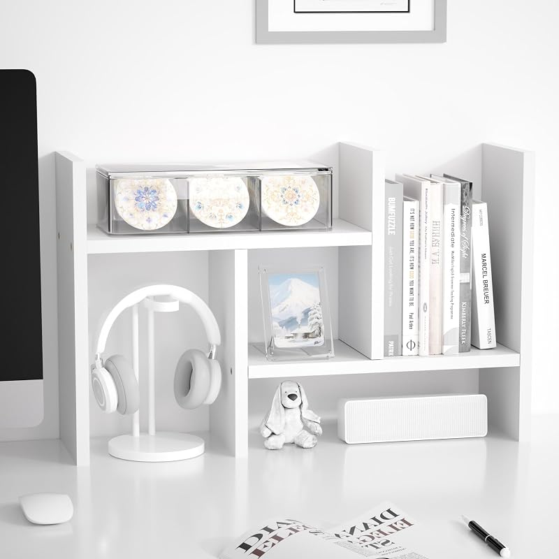 Desktop Organizer Office Storage Rack Adjustable Wood Display Shelf Free Style Double H, Multi-Functional Mini Bookshelf for Desk Natural Stand (White)