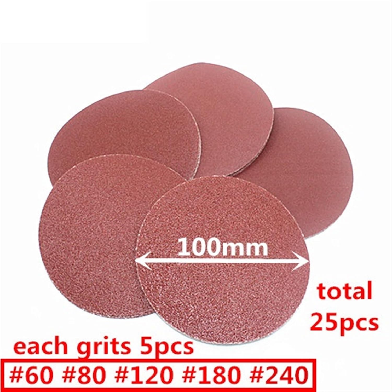 25pcs/Set Red Round Sandpaper Flocking Self-Adhesive Sanding Paper for Sander 4Inch 100mm Grits 60 80 120 180 240