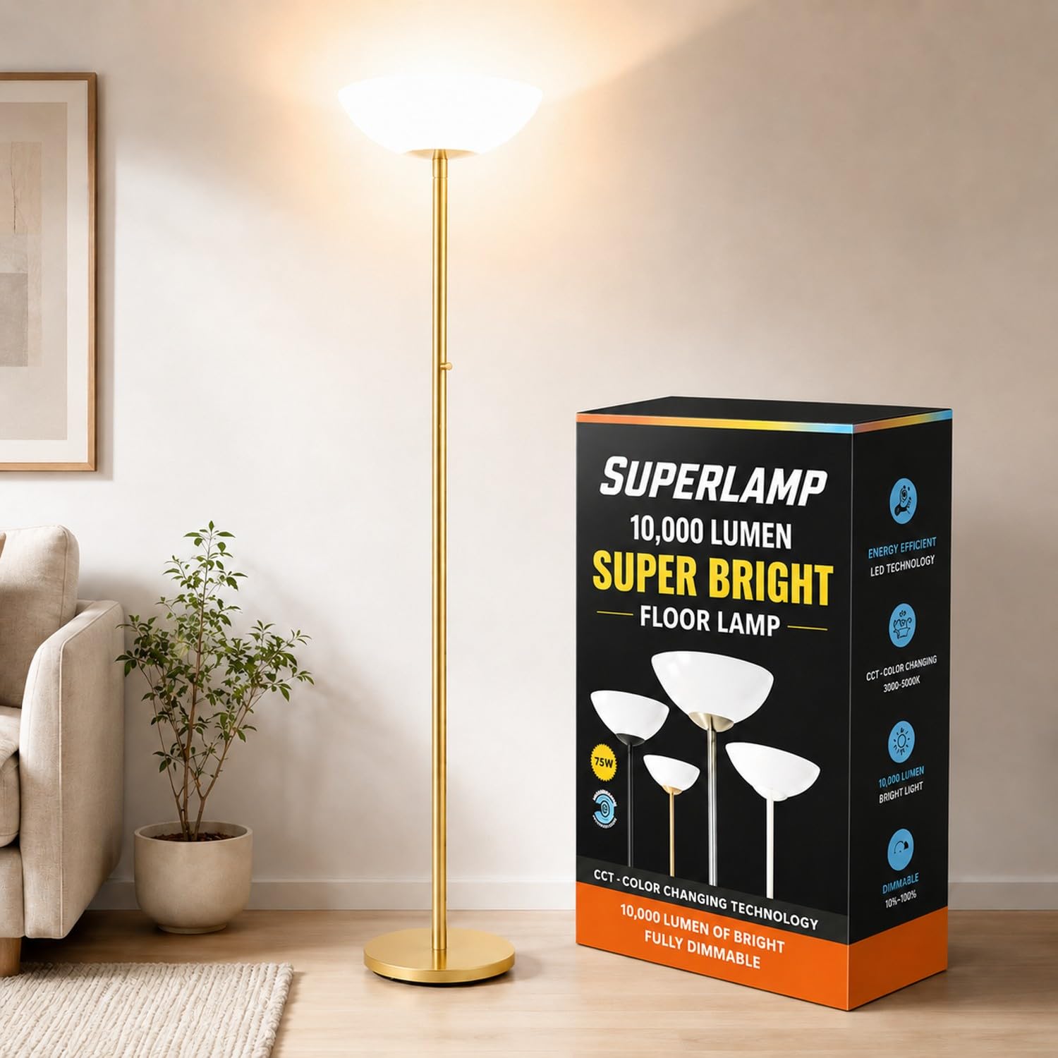 Modern Floor Superlamp 10000 Lumen - LED 75W, Dimmable 5 Changing Color, 85 CRI All Around Light, Tall Corner Standing Lamp with Cement Base and Acrylic Shade, Glare Free UpLight Kit Ready - Gold