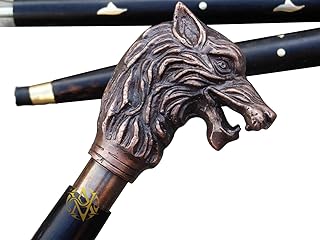 Brass Handle Victorian Telescope Foldable Wooden Walking Stick Cane Ideal Vintage Gift Men Women Father/Mother (Wolf)