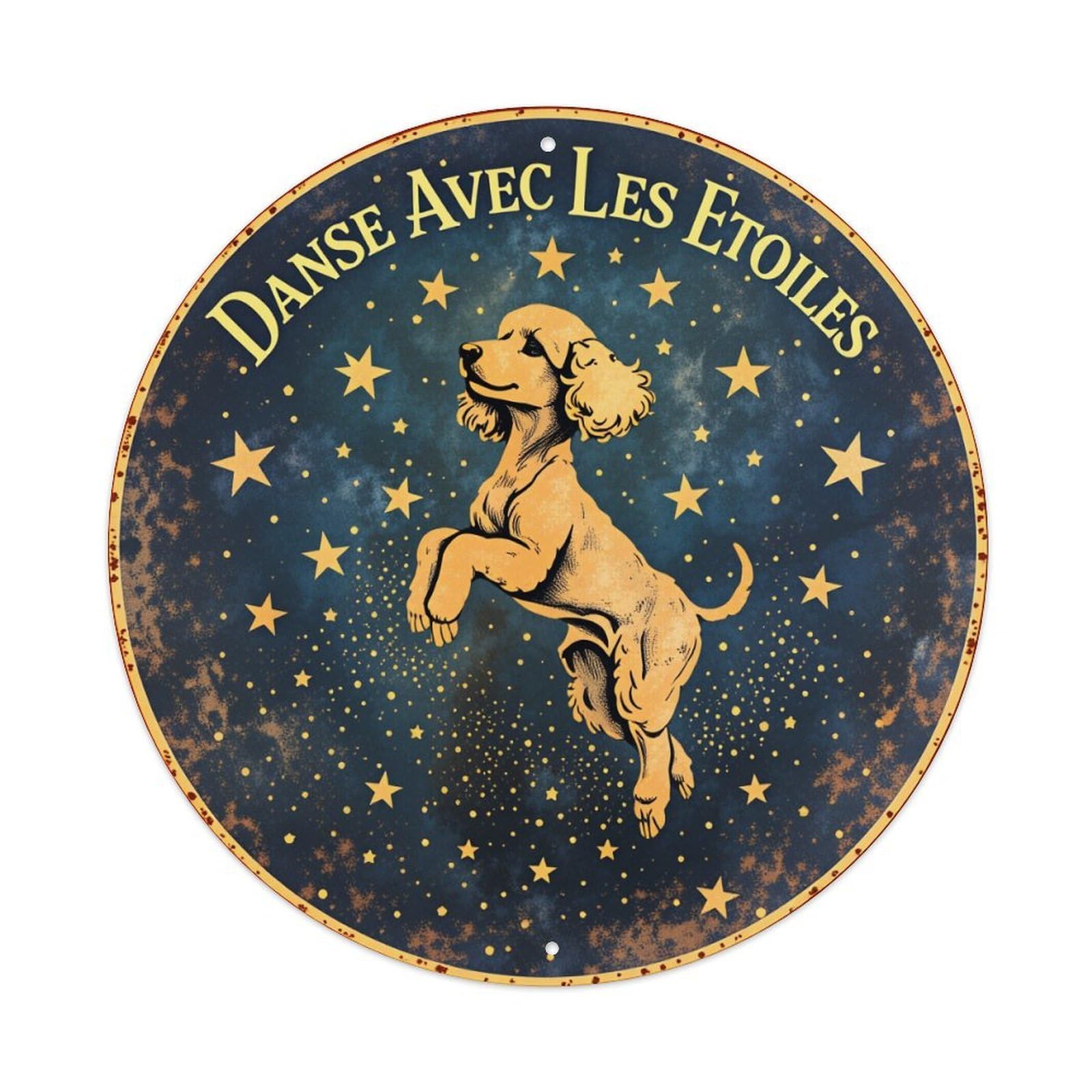 Dog Leaping Among Stars Night Sky Round Tin Sign Vintage Style Metal Sign Home Bar Garden Wall Plaque Decor Metal Poster 8x8 Inch