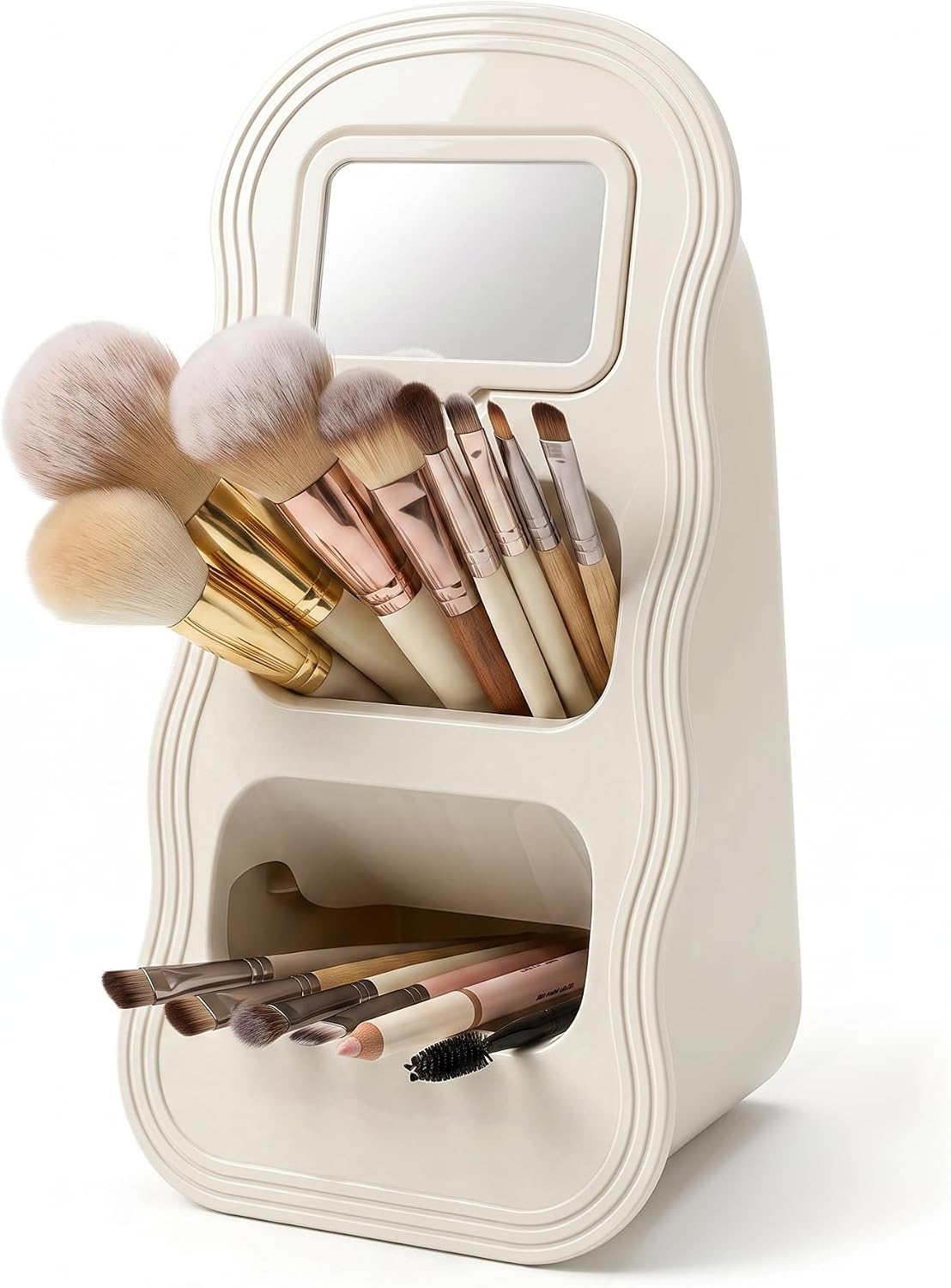 Wavy Makeup Organizer with Detachable Magnetic Mirror, Cream White Makeup Brush Holder for Vanity Desk, 2-Tier Slanted Cosmetic Storage for Lipstick Brushes Eyebrow Pencils Eyeliners