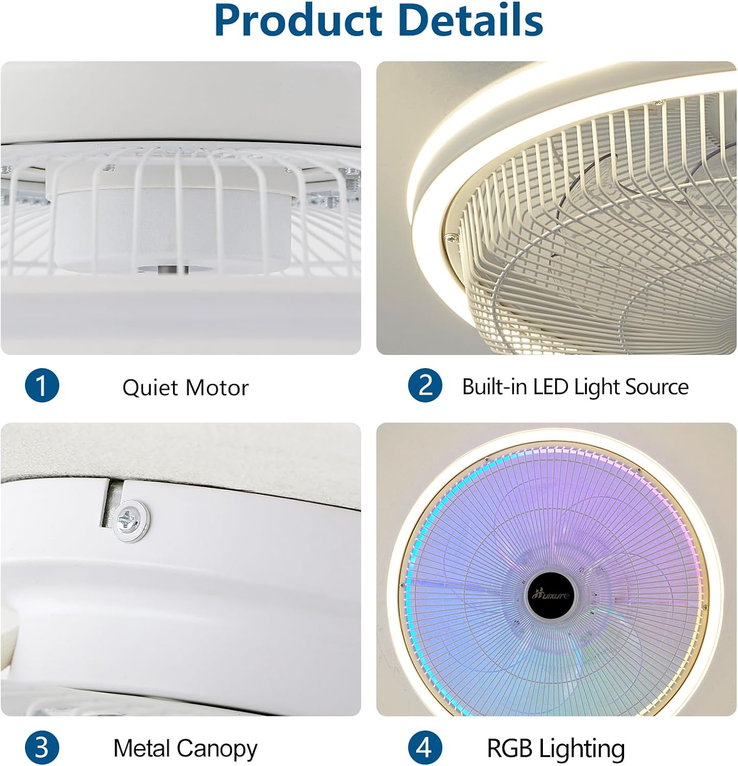 HuixuTe Modern White Caged Ceiling Fan with Lights Remote APP Voice Control, 7-Color RGB Ceiling Fan with Light Suitable for Bedroom Nursery Room Kitchen