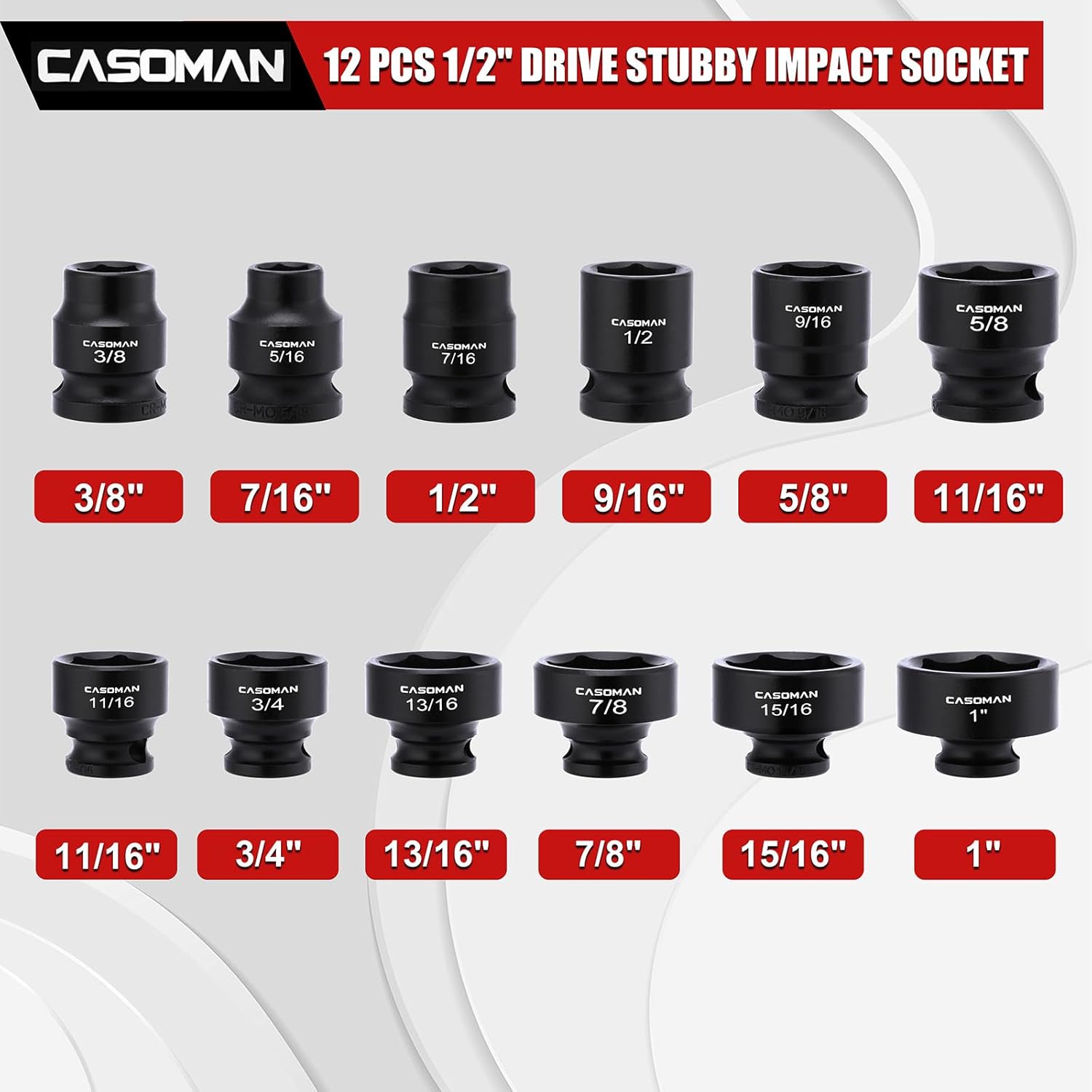 CASOMAN 12PCS 3/8" Drive Stubby Impact Socket Set, Low Profile, 5/16" - 1", SAE, CR-MO, 6-Point, 12 Pieces Shallow Socket Set for Automotive Maintenance, Repairs and DIY, for Tight Areas